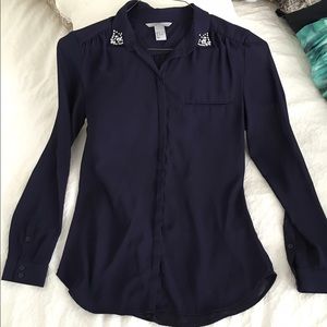 Navy Blue Blouse with Gem Detail