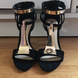 Black and Gold Plate Sandal Heels