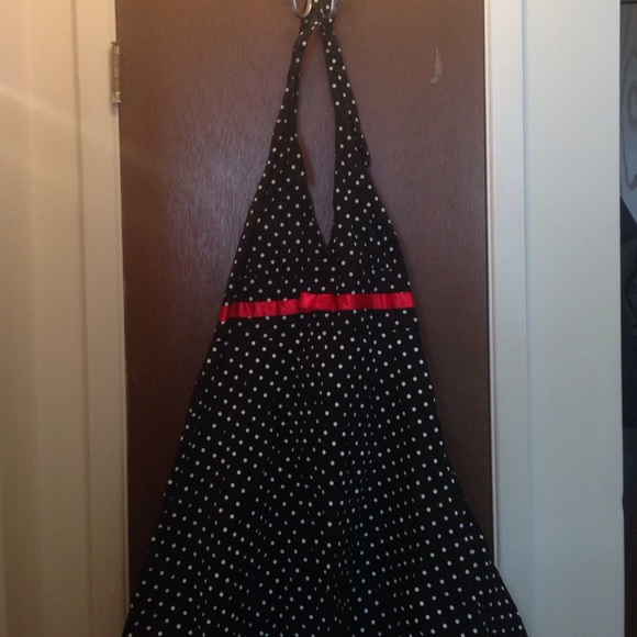 Retro style black polka dot halter dress