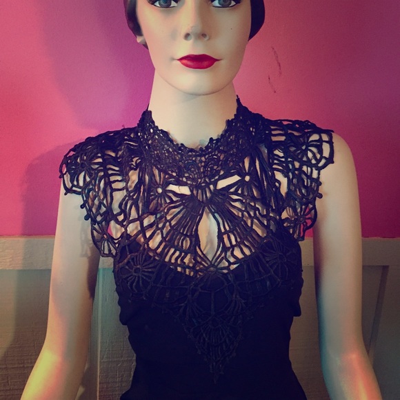 Black halter gothic dress with macrame neckline.