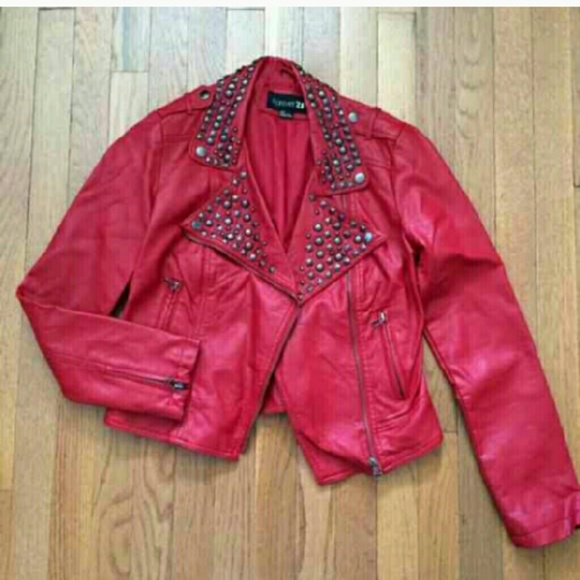 Red forever 21 motto style faux leather jacket