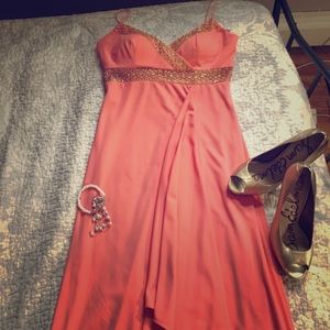 Floor length peach evening dress w/ gold detail