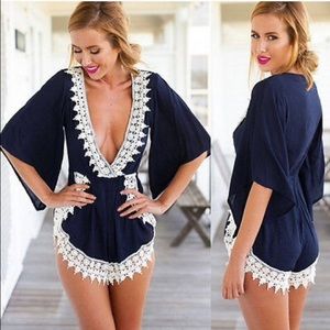 Adorable Navy Blue Embroidered Lace Romper