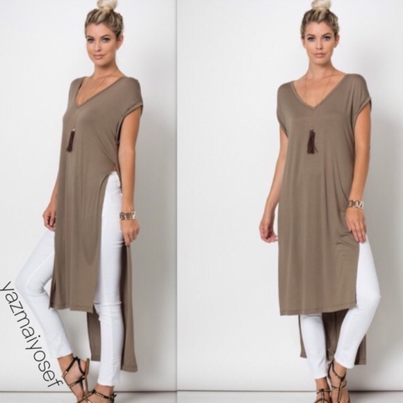 Tops - “Moon River” Mocha Side Hi Lo V-neck Dressy Top