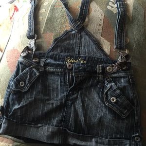 Jean mini skirt with attached suspenders