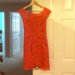 Perfect Nicole Miller coral lace bridesmaid dress