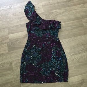 One Shoulder Black, Purple and Turquoise Dress