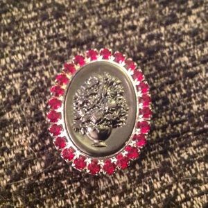 Burnished  Silver Tone & Red Stone Brooch