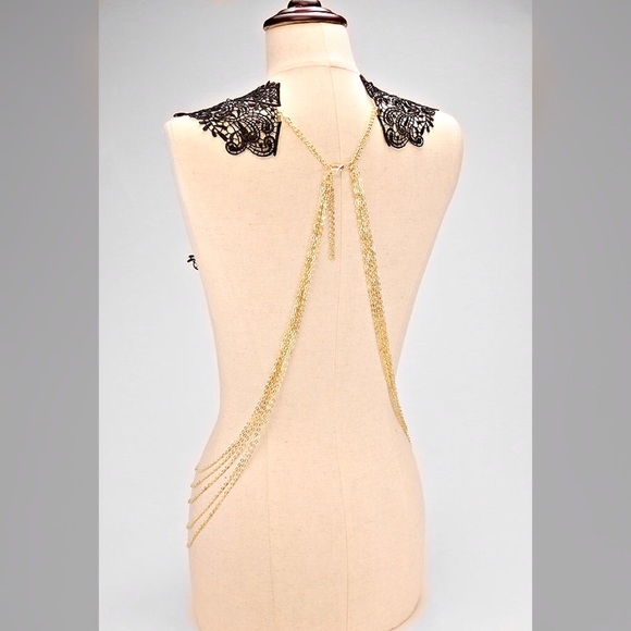 Black lace and gold chain statement necklace! - Picture 2 of 5