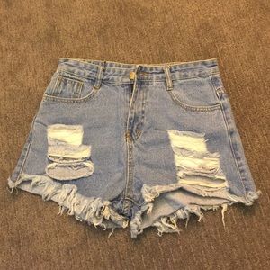 Blue Ripped Fringe Denim Shorts