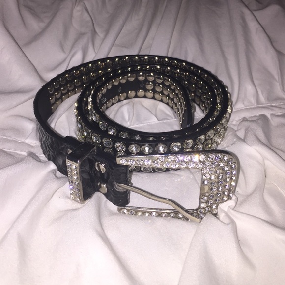 Black leather bedazzled belt