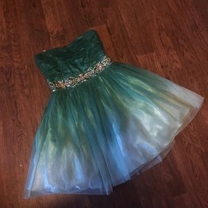 Teal strapless  ombré prom dress