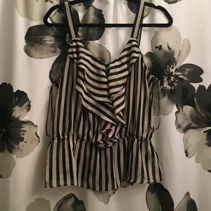 Striped button down front ruffle tank top