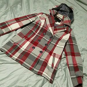 Double-Breasted Plaid Wool Peacoat with Hood
