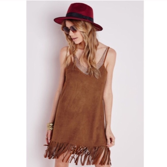 Tan Faux Suede Tassel Hem Cami Dress