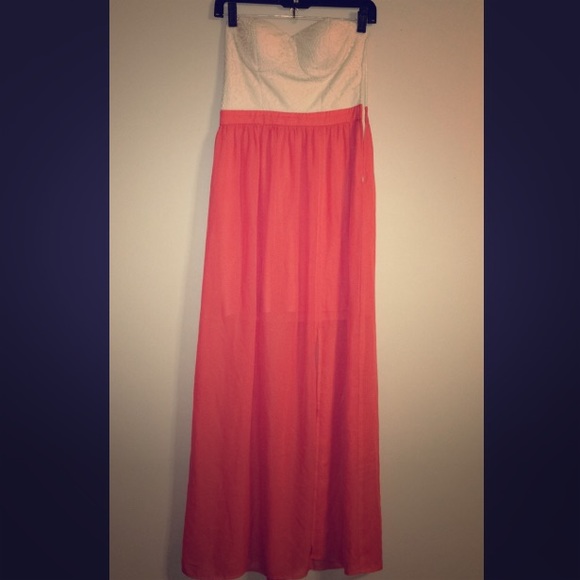Strapless Coral & Lace Maxi Dress