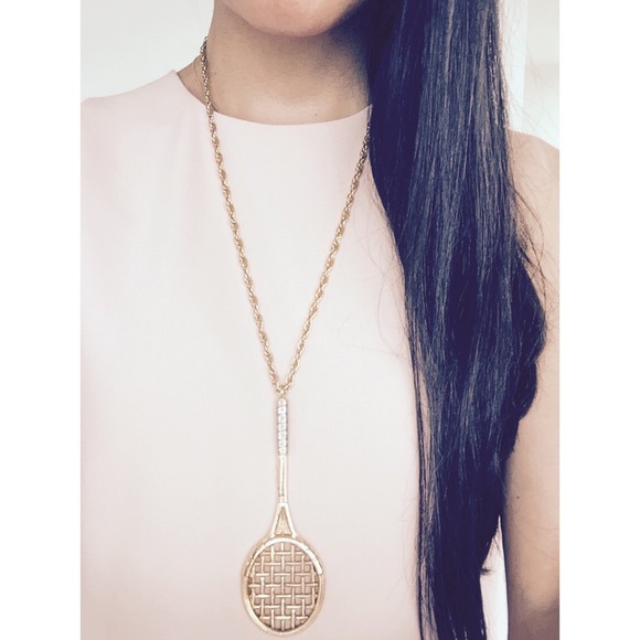 Gold Tennis Racket Long Pendant Necklace