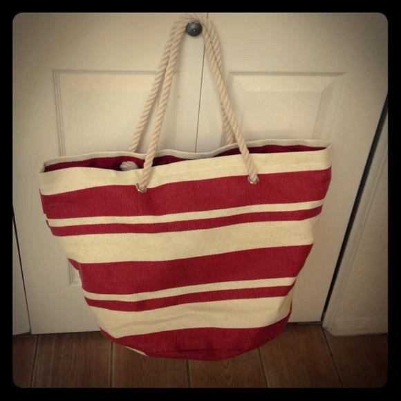 Giant red and ivory striped straw beach bag