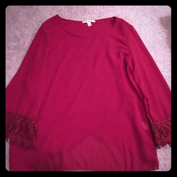 Red Blouse with Lace Sleeves and Cut Out Back