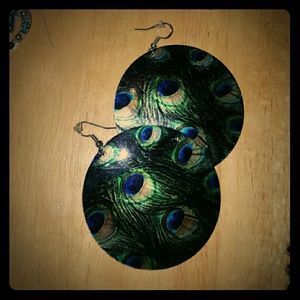 Large disc earrings- Peacock feather design