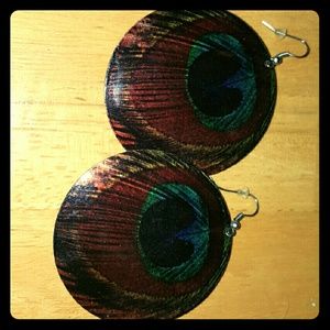Large disc earrings- single Peacock feather design