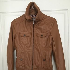 Tan Faux Leather Bomber Jacket