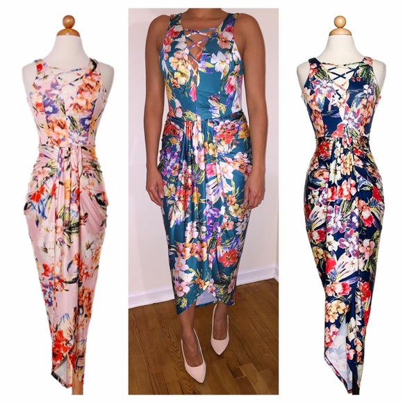 Floral laced up front asymmetrical dress