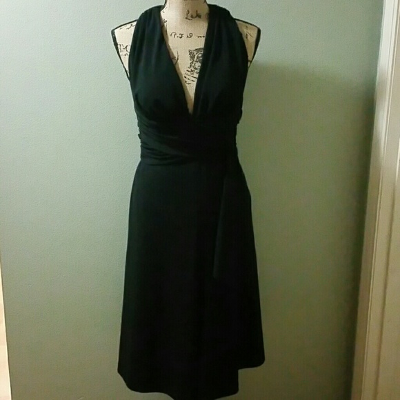WHBM Black Plunge Neck midi dress size 6