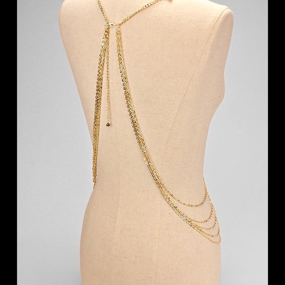 Black lace and gold chain statement necklace. - Picture 2 of 3