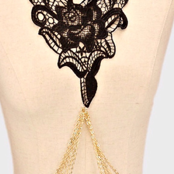 Black lace and gold chain statement necklace. - Picture 3 of 3