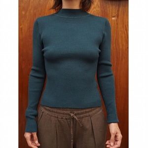 Ribbed Mock Turtleneck Top with Split Back Opening