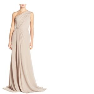 Monique Lhullier one shoulder draped dress in Mink