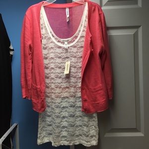 Pink cardigan and white flowery shirt