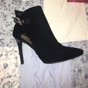 Black suede booties. size 8. brand new with box!