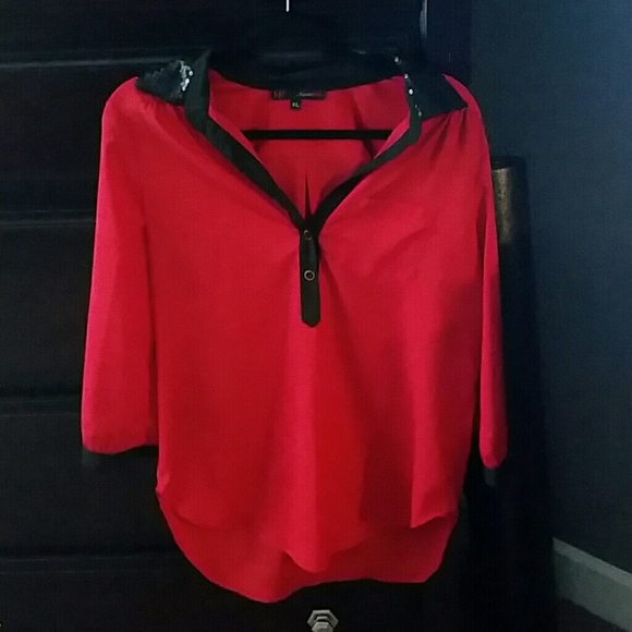 Red and black blouse with sequin collar