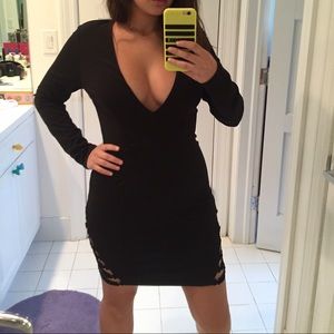 plunge long sleeve black dress, criss cross sides