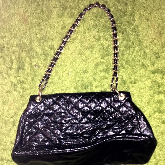 Black patent purse with gold chain