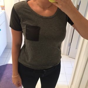 grey high-low t shirt with leather sleeves