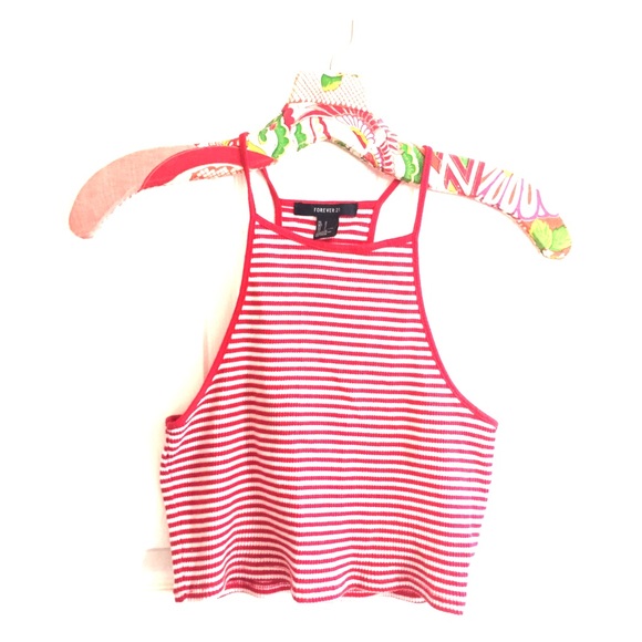 Red/ white striped halter crop top