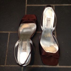 Brown satin Kitten sling back heels