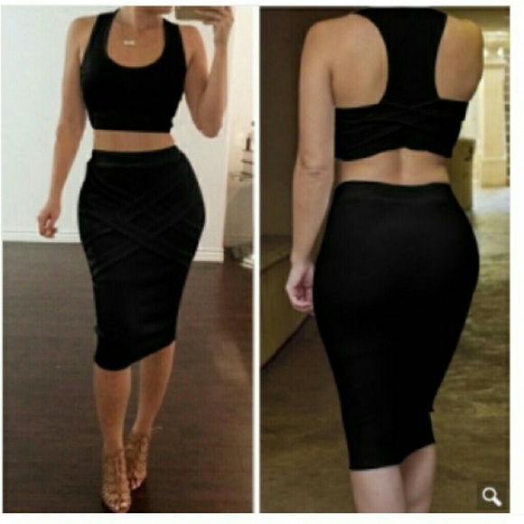 Tops - Sexy Black 2 piece, crop top and pencil skirt set