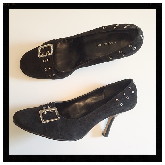 Black Suede Heels with Grommet Details - Picture 2 of 4