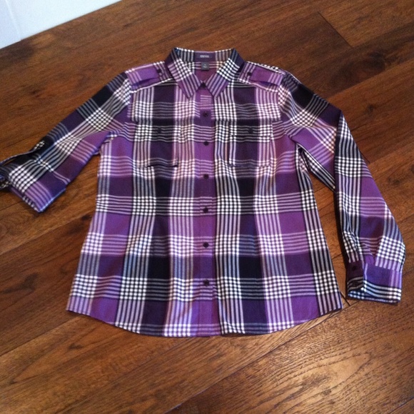 KENNETH COLE - Plum Striped-Plaid Shirt. Size: 10