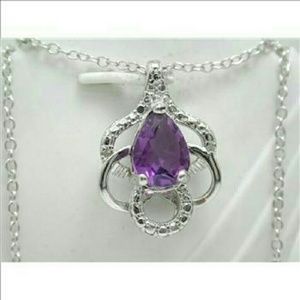 925 Sterling Silver over Platinum Amethyst Diamond Necklace New with gift box
