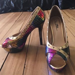 Rainbow snakeskin 5-inch platform heels