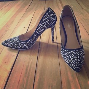 Sparkly black studded heels, 4 inches