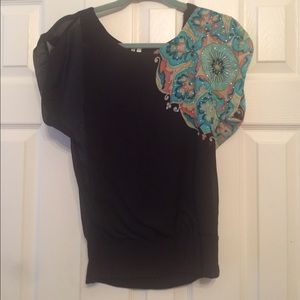 Black blouse with teal embellishment