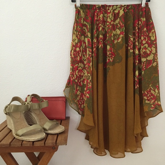 Floral Asymmetrical Flowy Skirt in Copper Brown