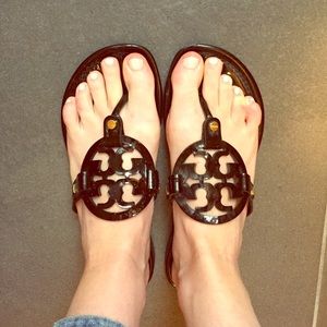 Tory Burch black patent logo flat sandals