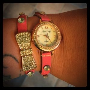 Rose gold & coral watch with rose gold bow